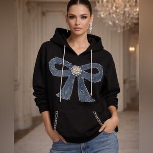 Suzy T Designs Embellished Hoodie NWT Rhinestones Crystals Denim Bow Appliqué